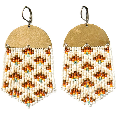 multi-color beaded earrings 3" long woven onto a raw  brass half-circle charm