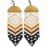 'ABIQUIU' unique handmade beaded long statement fringe earrings. This one-of-a-kind pair is intricately woven with Japanese glass seed beads onto a raw brass charm, ensuring a strong and durable design. The lightweight earrings feature brass lever back ear hooks and are perfect jewelry for festival wear.