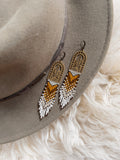 A pair of beaded earrings with browns and creams woven onto a brass cactus charm, photographed on a hat.